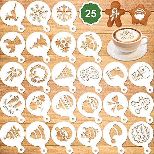 Qpout 25 Plantillas de decoración de café navideño, Molde de Estampado de decoración de café Fondant de Galletas de Fiesta de Navidad, muñeco de Nieve para árbol de Navidad de Santa Claus