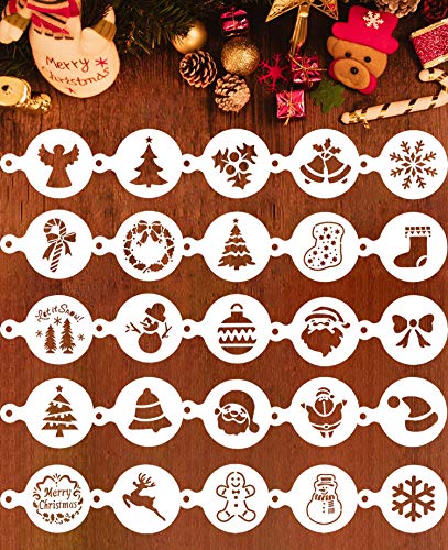 Qpout 25 Plantillas de decoración de café navideño, Molde de Estampado de decoración de café Fondant de Galletas de Fiesta de Navidad, muñeco de Nieve para árbol de Navidad de Santa Claus