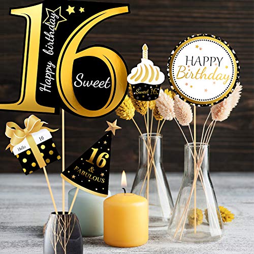 Qpout Palillos de Centro de Mesa de 16 años de Oro Negro-Toppers de Mesa de 16 cumpleaños -Accesorios de cumpleaños-Palillos de Centro de Mesa de 16 días de Dulce-Saludos a 16 años de cumpleaños