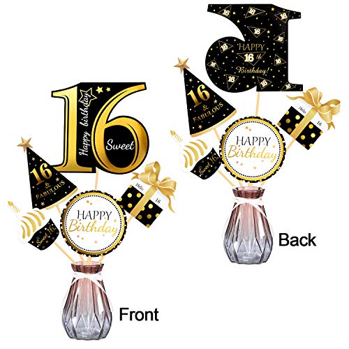 Qpout Palillos de Centro de Mesa de 16 años de Oro Negro-Toppers de Mesa de 16 cumpleaños -Accesorios de cumpleaños-Palillos de Centro de Mesa de 16 días de Dulce-Saludos a 16 años de cumpleaños