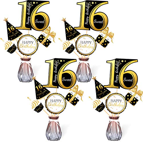 Qpout Palillos de Centro de Mesa de 16 años de Oro Negro-Toppers de Mesa de 16 cumpleaños -Accesorios de cumpleaños-Palillos de Centro de Mesa de 16 días de Dulce-Saludos a 16 años de cumpleaños