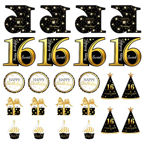 Qpout Palillos de Centro de Mesa de 16 años de Oro Negro-Toppers de Mesa de 16 cumpleaños -Accesorios de cumpleaños-Palillos de Centro de Mesa de 16 días de Dulce-Saludos a 16 años de cumpleaños