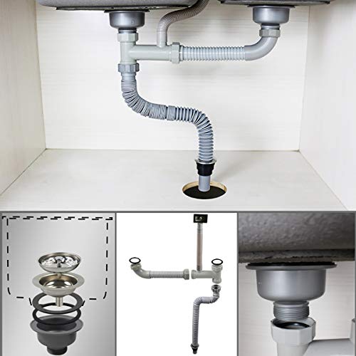 Qrity Colección de fregadero de doble cubeta de acero inoxidable, kit de coladores de desechos para fregadero de cocina de 110 mm con rebosadero cuadrado de 1½"