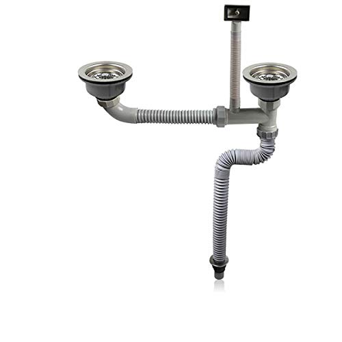 Qrity Colección de fregadero de doble cubeta de acero inoxidable, kit de coladores de desechos para fregadero de cocina de 110 mm con rebosadero cuadrado de 1½"