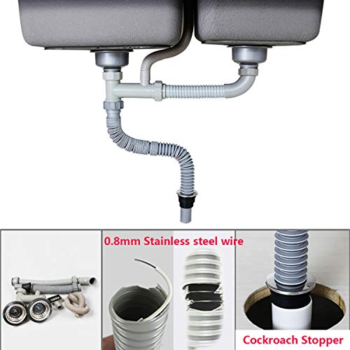 Qrity Colección de fregadero de doble cubeta de acero inoxidable, kit de coladores de desechos para fregadero de cocina de 110 mm con rebosadero cuadrado de 1½"