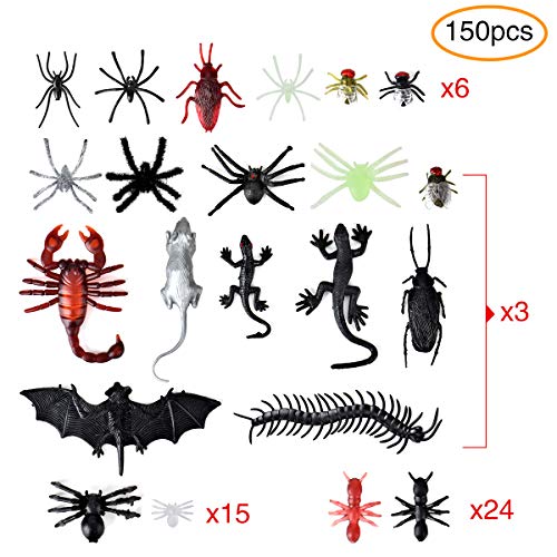 Queta 150 Piezas Plástico Insectos Realistas para Halloween Fiesta y Decoración, Insectos Falsas Cucarachas Arañas Escorpiones Ciempiés Murciélagos Ratas Geckos Moscas para Hacer Bromas