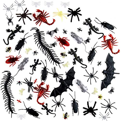 Queta 150 Piezas Plástico Insectos Realistas para Halloween Fiesta y Decoración, Insectos Falsas Cucarachas Arañas Escorpiones Ciempiés Murciélagos Ratas Geckos Moscas para Hacer Bromas