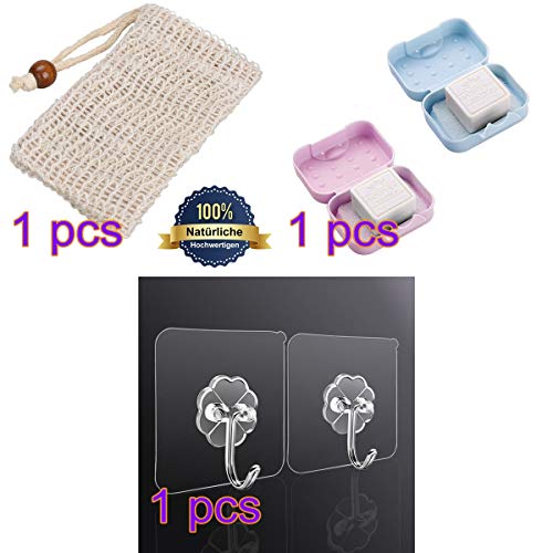 Queta Jabonera, 2pcs Caja Sellada de Jabón, Portátil Contenedor de Jabón, Ideal para Hogar/Viaje/Viajes de Negocios/al Aire Libre (2 * Saco con Cordón y 2 * Gancho Adhesivo) (Rosa+Azul)