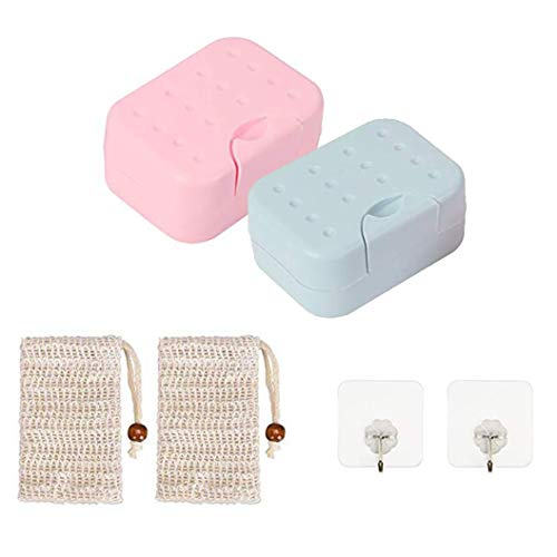 Queta Jabonera, 2pcs Caja Sellada de Jabón, Portátil Contenedor de Jabón, Ideal para Hogar/Viaje/Viajes de Negocios/al Aire Libre (2 * Saco con Cordón y 2 * Gancho Adhesivo) (Rosa+Azul)