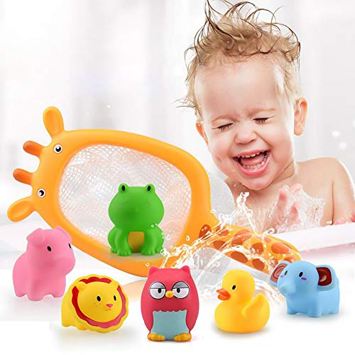 Queta Juguete para el baño, 7 Piezas Juguetes de bañera Juguetes acuáticos diversión acuática para niños con 1 Red de Pesca y 6 Animales Marinos