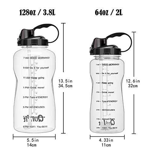 QuiFit 2l Botella de Agua Deportiva con Tiempo de Motivación Marcado Botella de Agua Extraíble Paja y a Prueba deFugas Tapa BPA Free (Clear+Black)