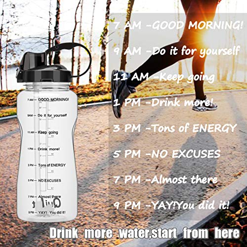 QuiFit 2l Botella de Agua Deportiva con Tiempo de Motivación Marcado Botella de Agua Extraíble Paja y a Prueba deFugas Tapa BPA Free (Clear+Black)