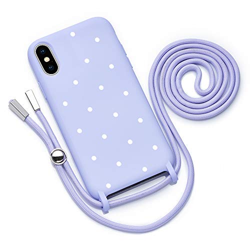 QULT Funda con Cuerda Compatible con iPhone XS MAX Carcasa de movil con Colgante Cadena Suave Silicona Necklace Bumper Case Morado Pastel Motivo Puntos Blancos