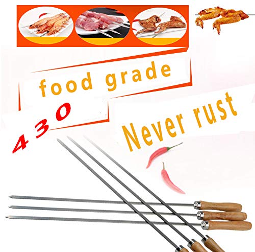 QYSQ 6 pcs Pinchos por Barbacoa, Pinchos Barbacoa Acero Inoxidable Pincho Inoxidable 42 Cm con Bolsa De Almacenamiento, con Mango de Madera, Pinchos Reutilizables, Fácil de Limpiar