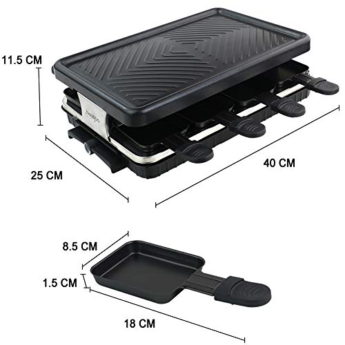Raclette para 8 Personas Grill Plancha Cocina Portatil Parrilla Barbacoa Electrica Pascua de Mesa Plancha Asar con 8 Mini Sartenes y 4 Espátulas de Madera Parrillas Eléctricas 1300W