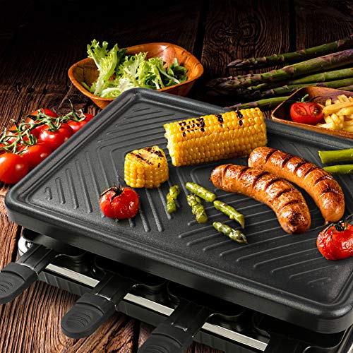 Raclette para 8 Personas Grill Plancha Cocina Portatil Parrilla Barbacoa Electrica Pascua de Mesa Plancha Asar con 8 Mini Sartenes y 4 Espátulas de Madera Parrillas Eléctricas 1300W