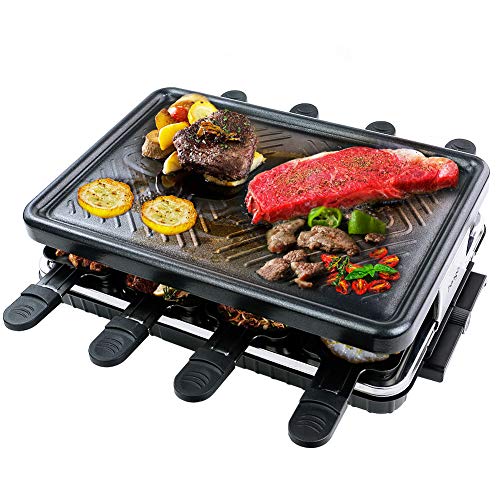 Raclette para 8 Personas Grill Plancha Cocina Portatil Parrilla Barbacoa Electrica Pascua de Mesa Plancha Asar con 8 Mini Sartenes y 4 Espátulas de Madera Parrillas Eléctricas 1300W