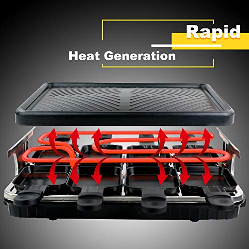 Raclette para 8 Personas Grill Plancha Cocina Portatil Parrilla Barbacoa Electrica Pascua de Mesa Plancha Asar con 8 Mini Sartenes y 4 Espátulas de Madera Parrillas Eléctricas 1300W