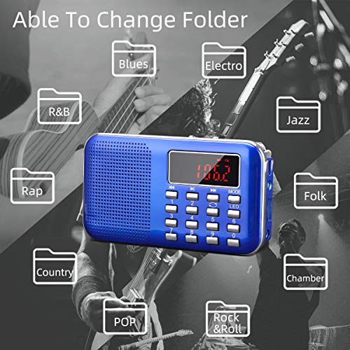 Radio de Transistor portátil pequeña, L-218 Radio Am/FM Digital de Bolsillo con Tarjeta Micro TF Reproductor de MP3 de Entrada Auxiliar de Disco USB, por PRUNUS(Azul)