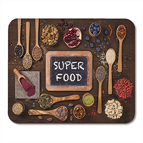 Rae Esthe Alfombrillas de ratón superfood Negro Super Foods en cucharas y tazones Alfombrilla de ratón para portátiles, Alfombrillas de Escritorio Suministros de Oficina