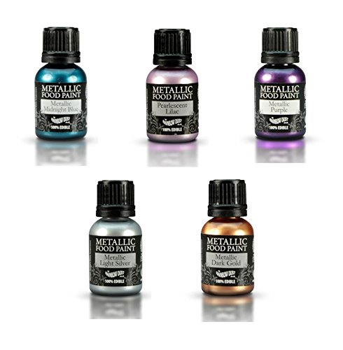 RAINBOW DUST - 5 X pinturas comestibles metálicas, Azul peacock, lila perla, púrpura, plata claro y oro oscuro
