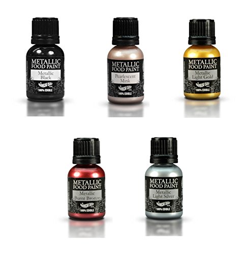 RAINBOW DUST - 5 X pinturas comestibles metálicas, Negro, marrón claro perla, oro claro, bronce quemado y plata claro,