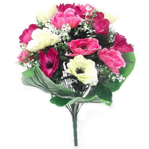 Ramo de anémonas de color rosa y cereza de seda artificial de 40 cm, 17 flores, para el hogar, bodas, aniversario, funeral