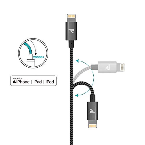Rampow Cable iPhone Cable Lightning [Apple MFi Certificado] Nylón Duradero Cargador iPhone Compatible con iPhone 11 11 Pro XS MAX XR X 8 7 6S 6 5 5S 5C SE iPad iPod y más - 20CM, Gris Espacial