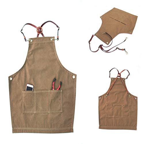 RANRANHOME Delantal De Trabajo, Bolsillos De Algodón, Delantal para Herramientas, Correas De Cuero De PU Ajustables, Pintor, Artesanos, Jardinero, Peluquero, Mujeres, Hombres (