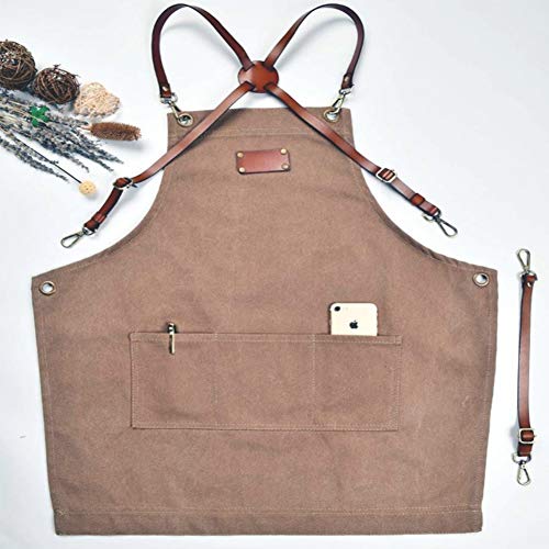 RANRANHOME Delantal De Trabajo, Bolsillos De Algodón, Delantal para Herramientas, Correas De Cuero De PU Ajustables, Pintor, Artesanos, Jardinero, Peluquero, Mujeres, Hombres (