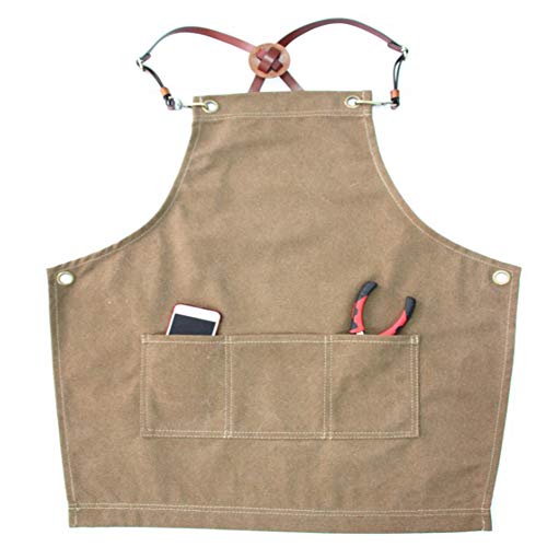 RANRANHOME Delantal De Trabajo, Bolsillos De Algodón, Delantal para Herramientas, Correas De Cuero De PU Ajustables, Pintor, Artesanos, Jardinero, Peluquero, Mujeres, Hombres (