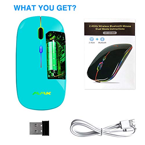 Ratón Inalámbrico Bluetooth Recargable, Ratón Retroiluminado de 7 Colores con Mini Receptor USB de 2,4 GHz, 1200,1600DPI Ajustable,Compatible con Laptop, PC, Ordenador, Chromebook, Notebook-Azul cielo