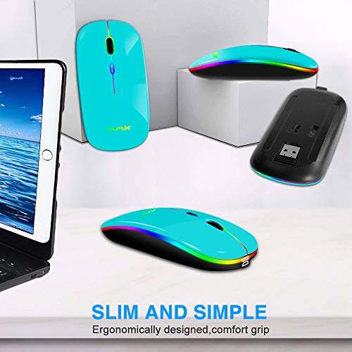 Ratón Inalámbrico Bluetooth Recargable, Ratón Retroiluminado de 7 Colores con Mini Receptor USB de 2,4 GHz, 1200,1600DPI Ajustable,Compatible con Laptop, PC, Ordenador, Chromebook, Notebook-Azul cielo