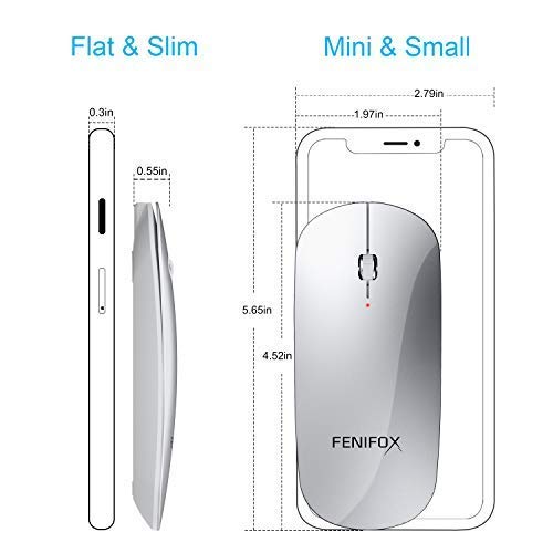 Ratón Inalámbrico Portatil, Fenifox Mini Mouse Bluetooth Ultrafino Recargable, para viajes de negocios, Oficina, compatible Ordenador Mac/Windows/Notebook/Tablet/Celular-Plata