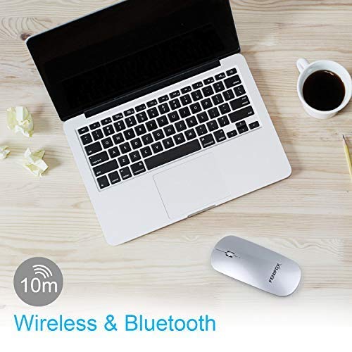Ratón Inalámbrico Portatil, Fenifox Mini Mouse Bluetooth Ultrafino Recargable, para viajes de negocios, Oficina, compatible Ordenador Mac/Windows/Notebook/Tablet/Celular-Plata