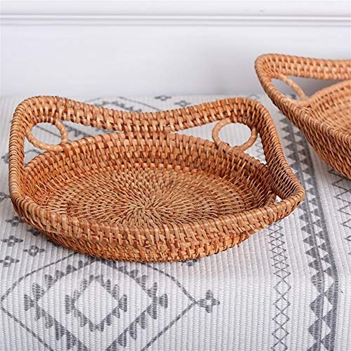 Rattan Bandeja redonda con manijas de té pan de mesa de café que sirve cesta, bandeja de almacenamiento de tejido, decoración casera (Size : S)