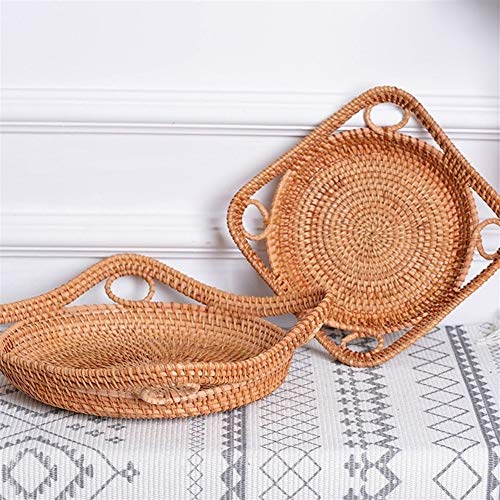Rattan Bandeja redonda con manijas de té pan de mesa de café que sirve cesta, bandeja de almacenamiento de tejido, decoración casera (Size : S)