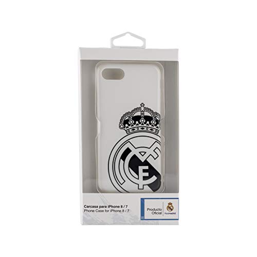 Real Madrid Funda Smartphone - Blanca con el Escudo Oficial en Negro y Compatible con Apple iPhone 7/8