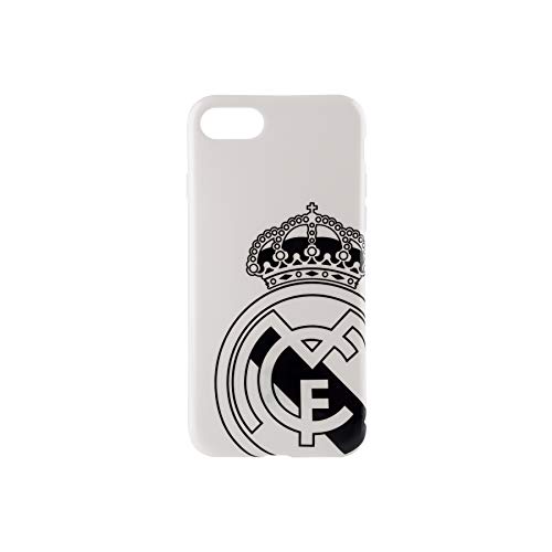 Real Madrid Funda Smartphone - Blanca con el Escudo Oficial en Negro y Compatible con Apple iPhone 7/8