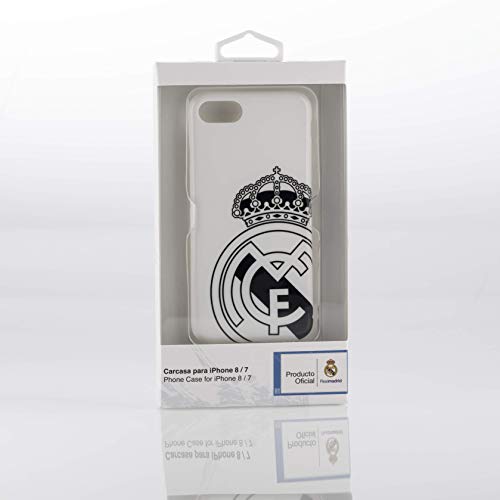 Real Madrid Funda Smartphone - Blanca con el Escudo Oficial en Negro y Compatible con Apple iPhone 7/8