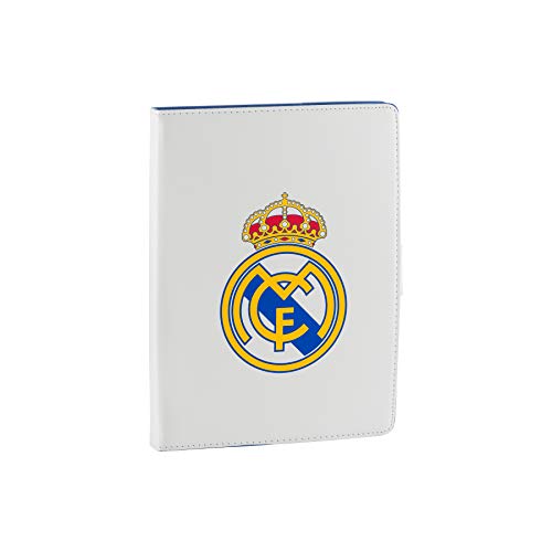 Real Madrid Funda Tablet Universal de 10.1" Pulgadas - Tipo Libro con Escudo Oficial y de Color Blanco