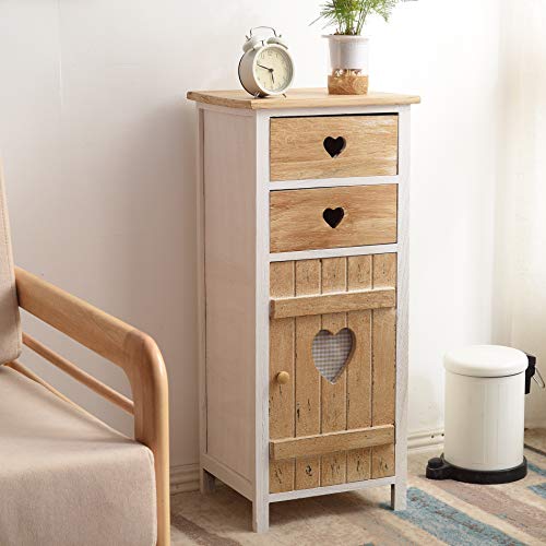 Rebecca Mobili Armario Shabby, cajonera para el Dormitorio, 2 cajones, 1 Puerta, Estilo Shabby, Madera de paulonia, Blanco Beige- Medidas: 84 x 37 x 31 cm (AxANxF) - Art. RE4415