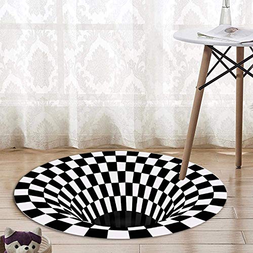 Redonda Alfombra de ilusión,3D de Rejilla Blanca Negra para Dormitorio,Alfombra Vortex Illusion,Alfombra de Ilusión Óptica,3D de Rejilla Blanca Negra,Alfombra Vortex