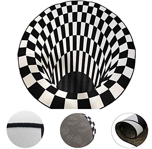 Redonda Alfombra de ilusión,3D de Rejilla Blanca Negra para Dormitorio,Alfombra Vortex Illusion,Alfombra de Ilusión Óptica,3D de Rejilla Blanca Negra,Alfombra Vortex