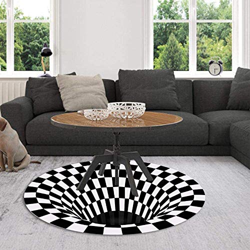 Redonda Alfombra de ilusión,3D de Rejilla Blanca Negra para Dormitorio,Alfombra Vortex Illusion,Alfombra de Ilusión Óptica,3D de Rejilla Blanca Negra,Alfombra Vortex