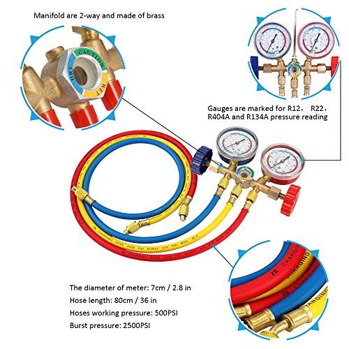 Refrigerant manifold gauge set,Refrigerante manguera para R12 R22 R404A R134A,manómetros aire acondicionado de refrigeración con manguera y gancho