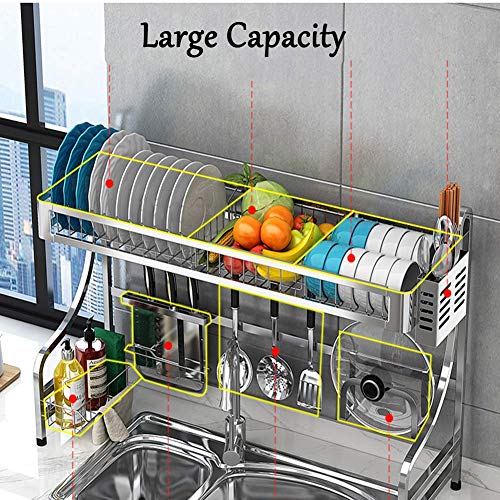 Rejilla para secar sobre el Fregadero, Estante para escurreplatos de 2 Niveles Estante para Platos Grande de Acero Inoxidable con Soporte para Utensilios para encimera de Plata 2 Niveles 91cm