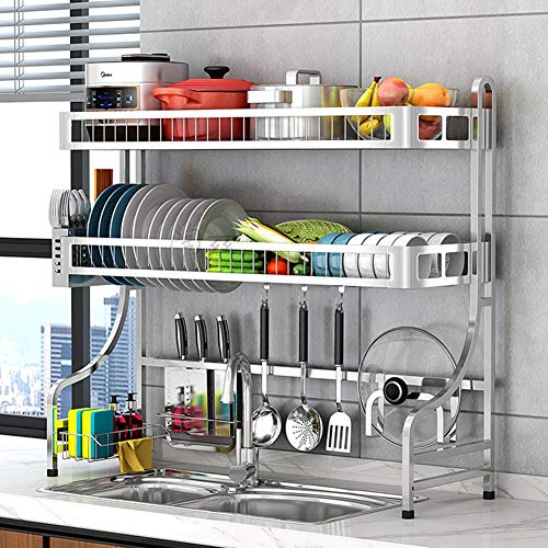 Rejilla para secar sobre el Fregadero, Estante para escurreplatos de 2 Niveles Estante para Platos Grande de Acero Inoxidable con Soporte para Utensilios para encimera de Plata 2 Niveles 91cm