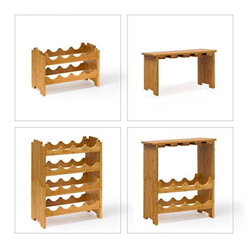 Relaxdays 10013871 Estante Vino Hecho de bambú 16 Botellas y 12 Vasos, Natural, 24x50x84 cm