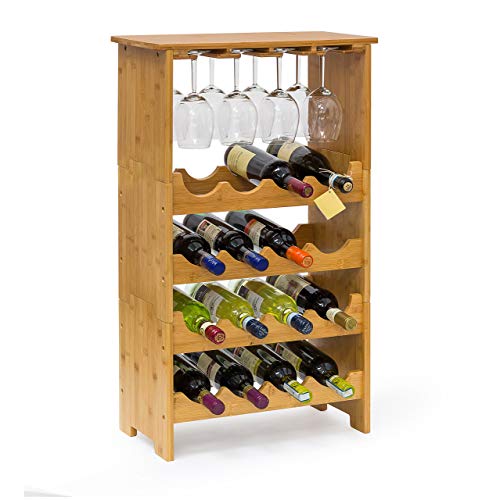 Relaxdays 10013871 Estante Vino Hecho de bambú 16 Botellas y 12 Vasos, Natural, 24x50x84 cm